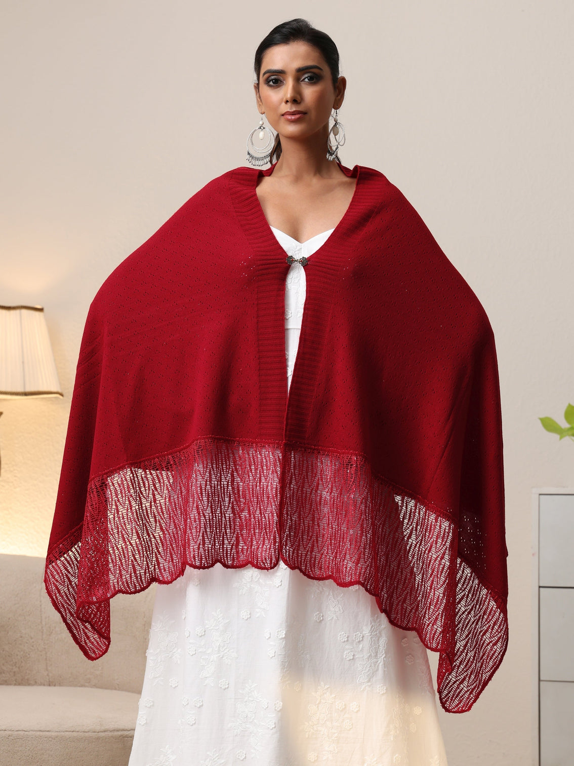 Mameraa Crimson Red Acrylic Wrap Shawl with Lace Border