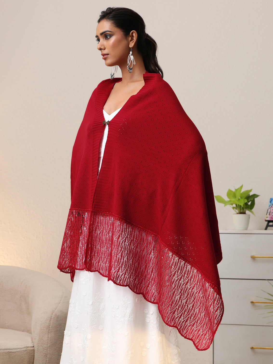 Mameraa Crimson Red Acrylic Wrap Shawl with Lace Border