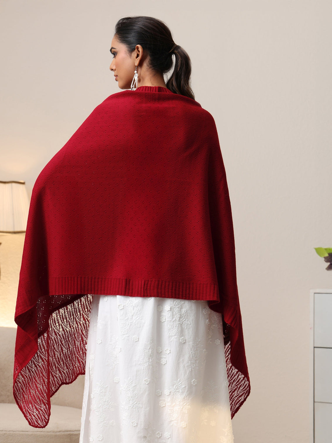 Mameraa Crimson Red Acrylic Wrap Shawl with Lace Border