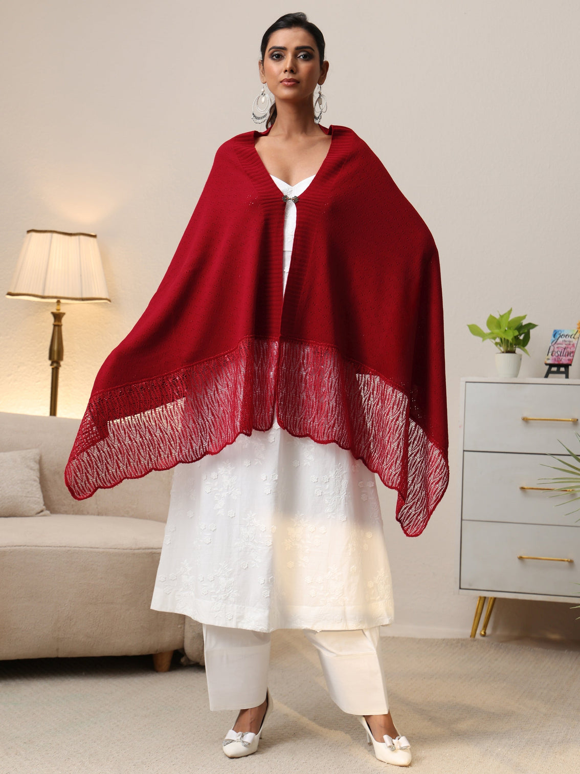 Mameraa Crimson Red Acrylic Wrap Shawl with Lace Border