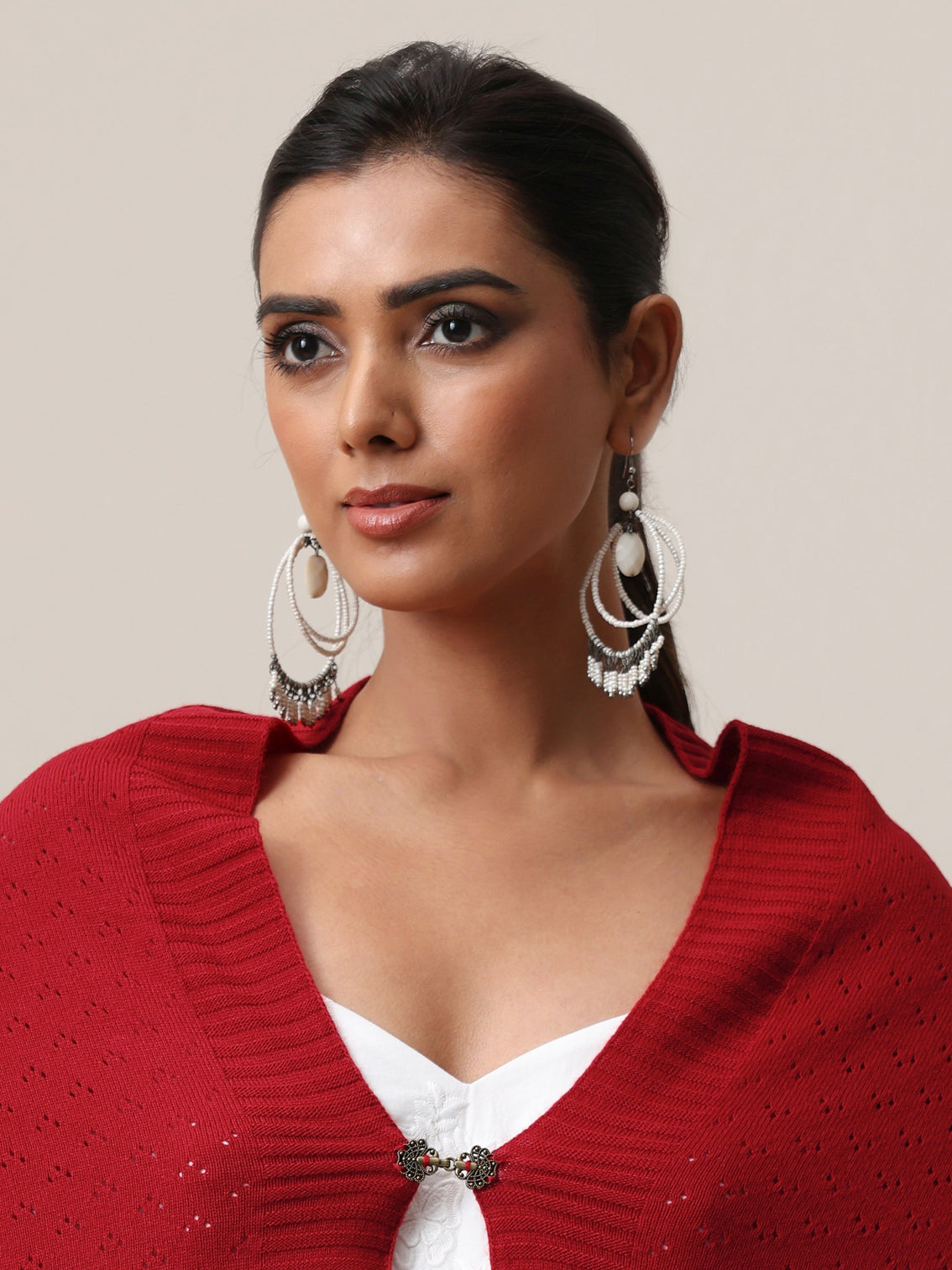 Mameraa Crimson Red Acrylic Wrap Shawl with Lace Border