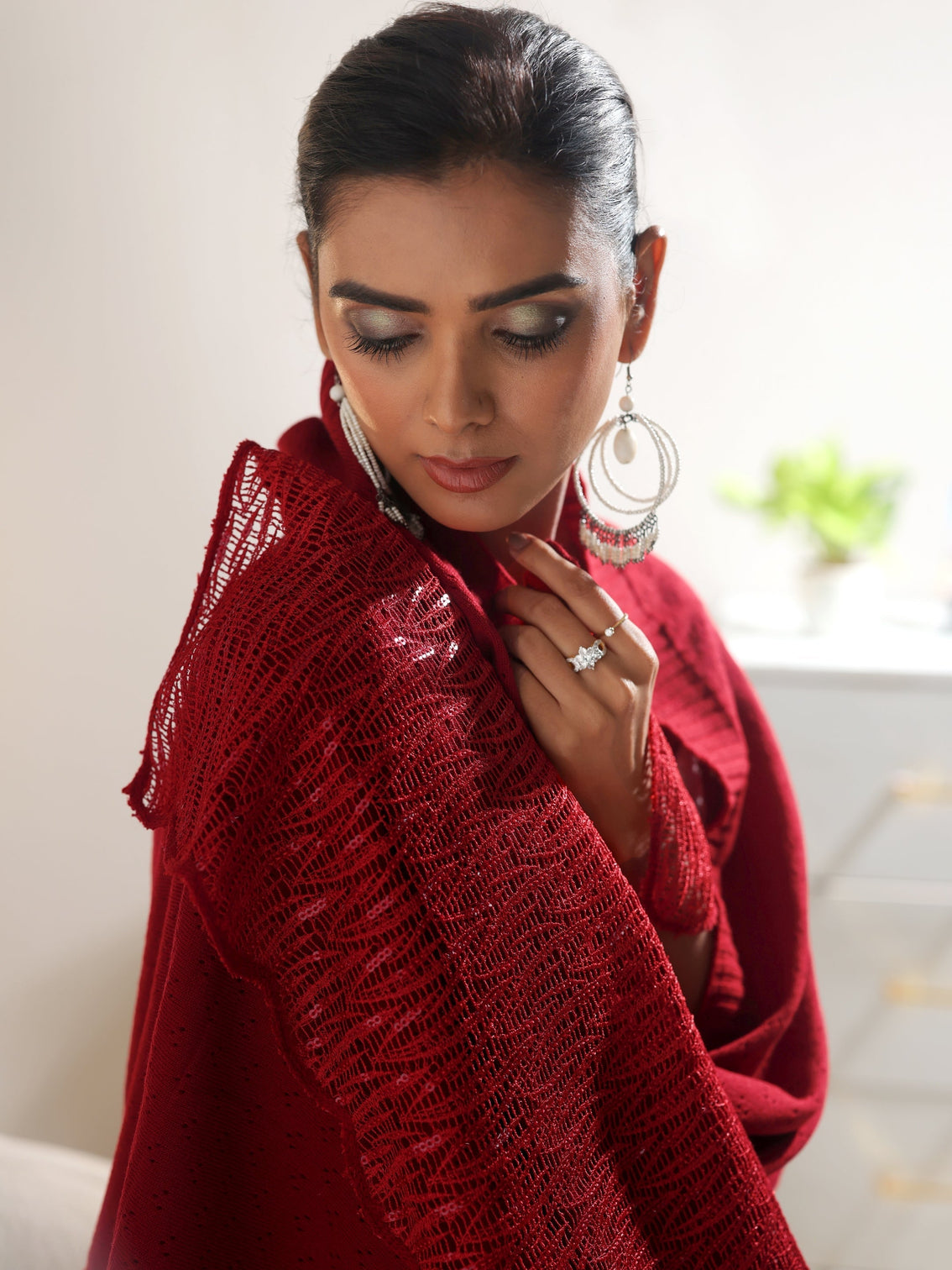 Mameraa Crimson Red Acrylic Wrap Shawl with Lace Border