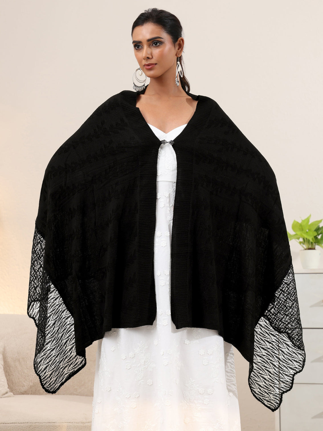 Mameraa Black Acrylic Wrap Shawl with Lace Border