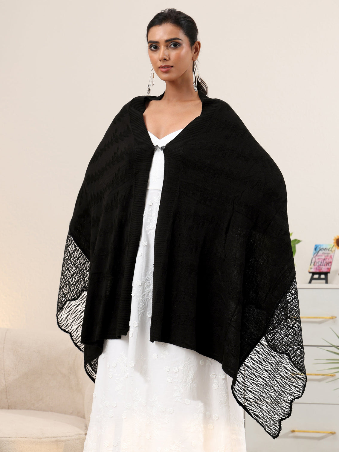Mameraa Black Acrylic Wrap Shawl with Lace Border