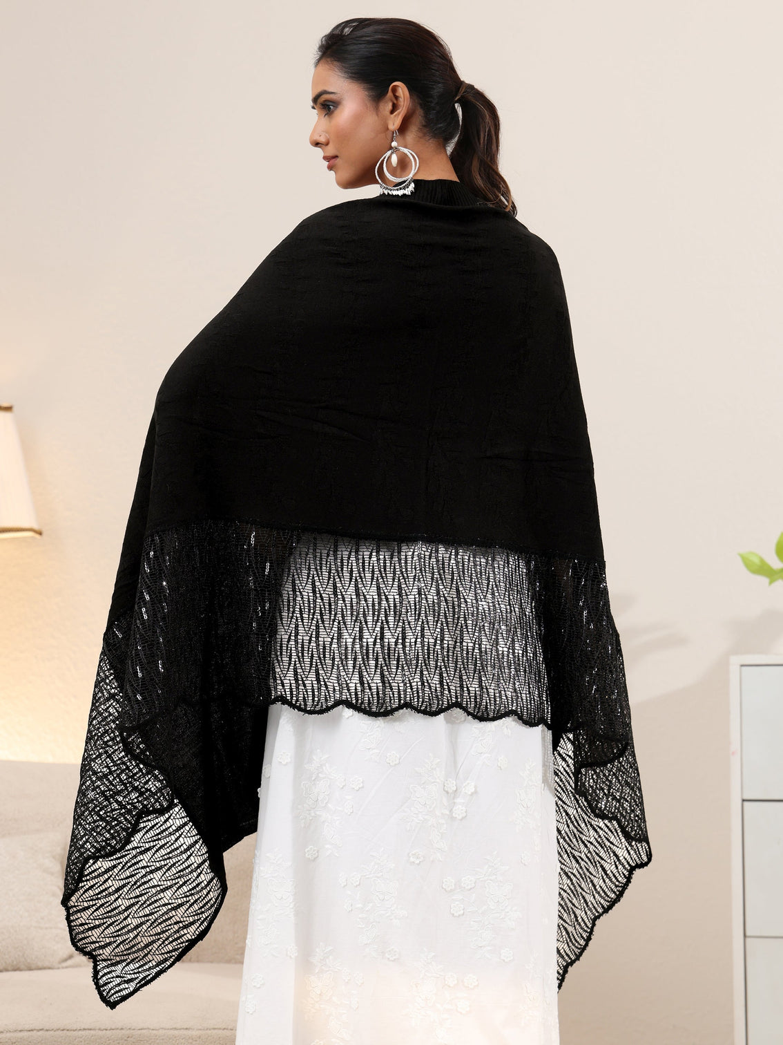 Mameraa Black Acrylic Wrap Shawl with Lace Border