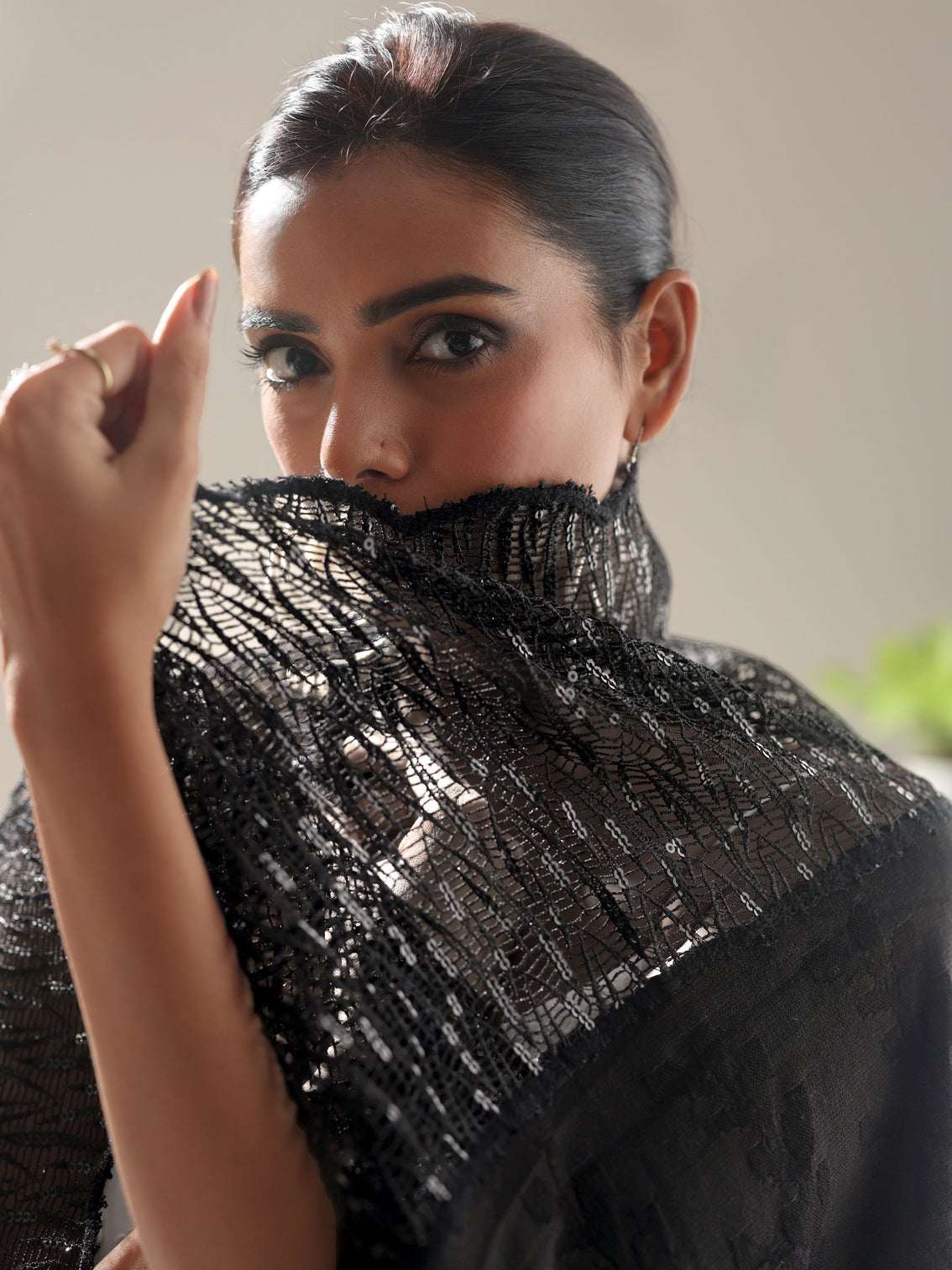 Mameraa Black Acrylic Wrap Shawl with Lace Border
