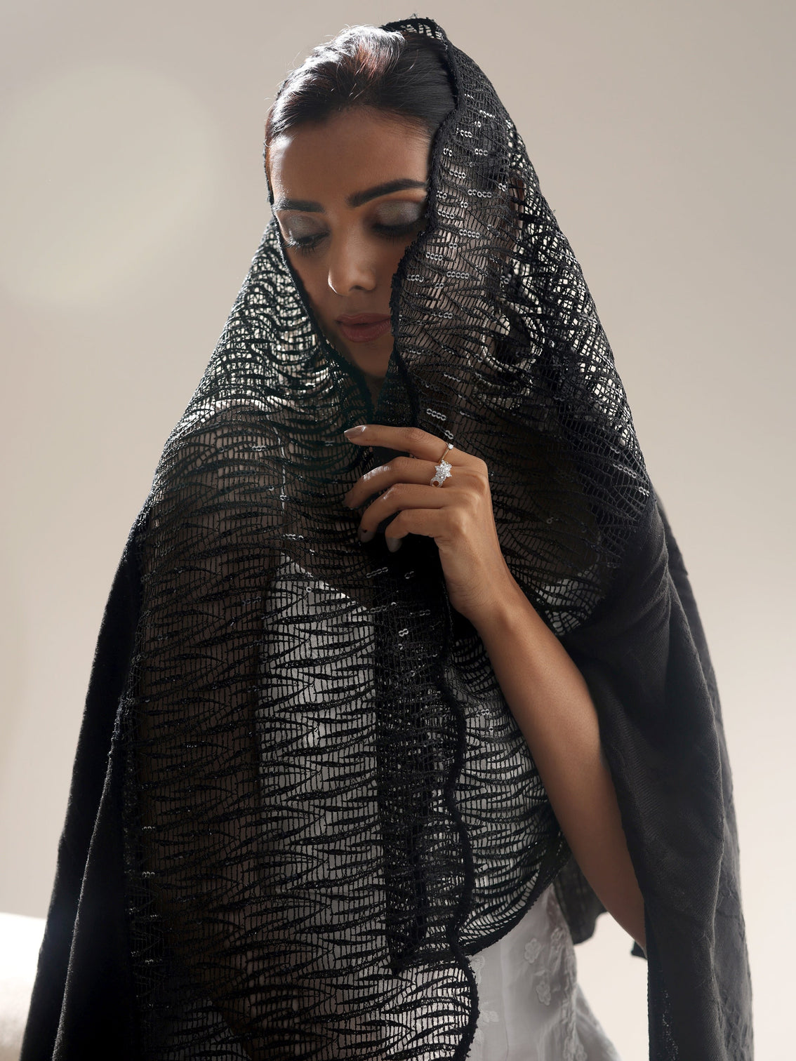 Mameraa Black Acrylic Wrap Shawl with Lace Border
