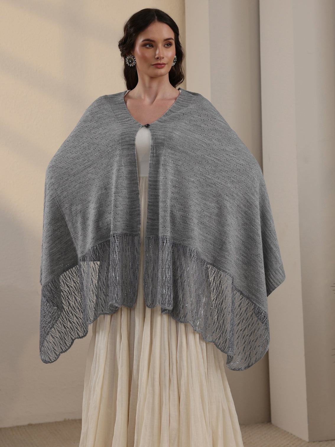 Mameraa Grey Acrylic Wrap Shawl with Lace Border