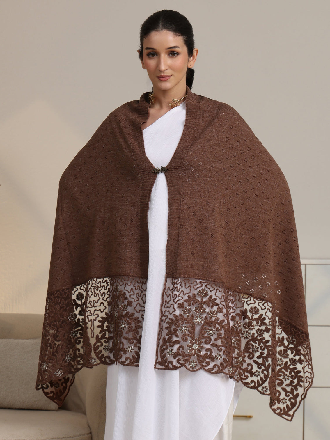 Mameraa Brown Knitted Lace Acrylic Wrap Shawl