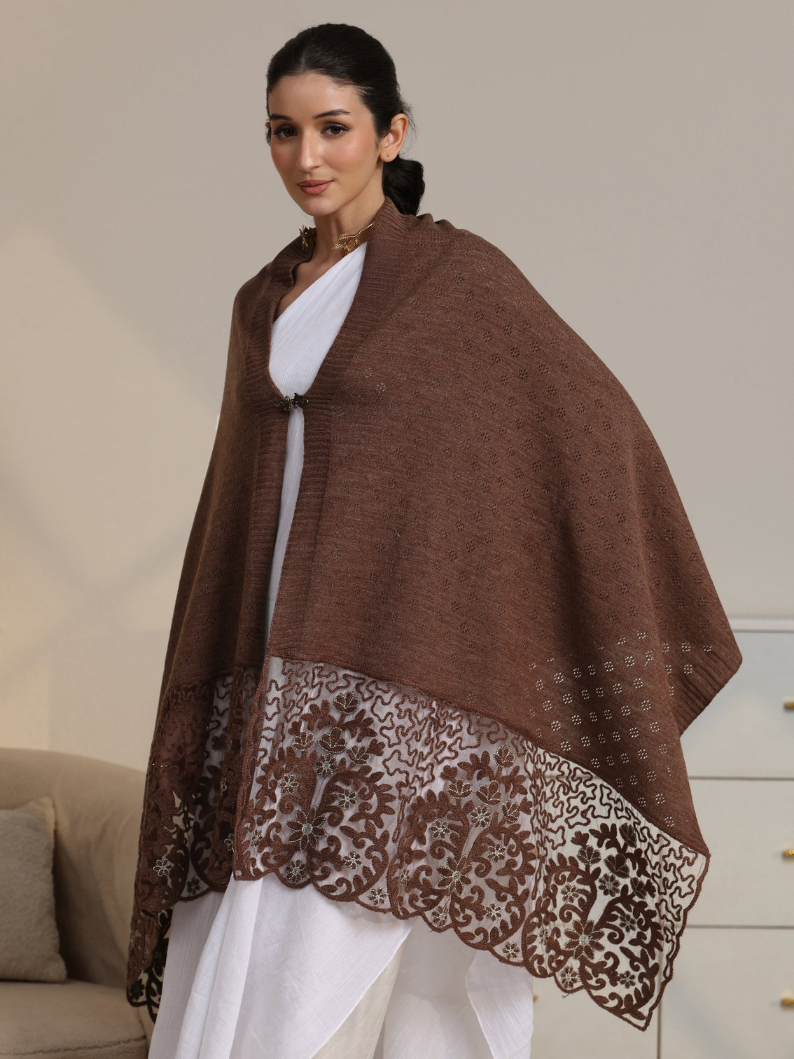 Mameraa Brown Knitted Lace Acrylic Wrap Shawl