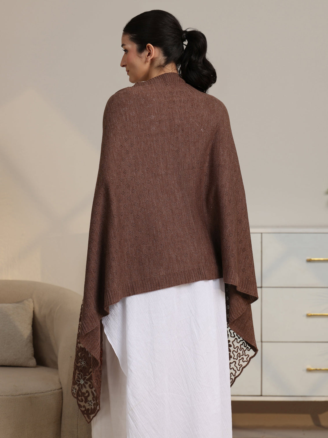 Mameraa Brown Knitted Lace Acrylic Wrap Shawl