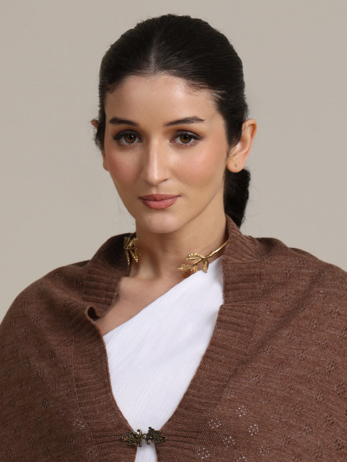 Mameraa Brown Knitted Lace Acrylic Wrap Shawl