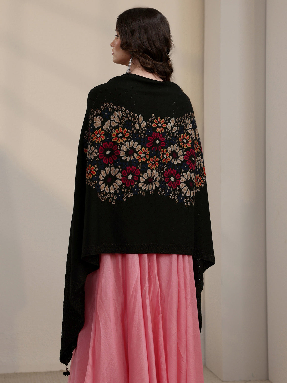 Mameraa Black Floral Mesh Knitted Acrylic Wrap Shawl