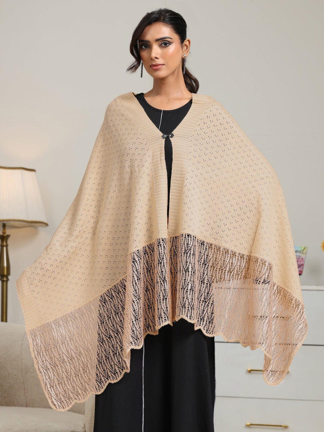 Mameraa Beige Acrylic Wrap Shawl with Lace Border