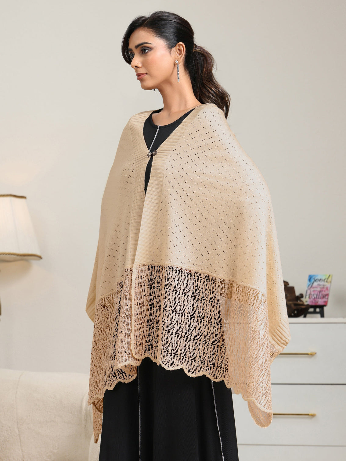 Mameraa Beige Acrylic Wrap Shawl with Lace Border
