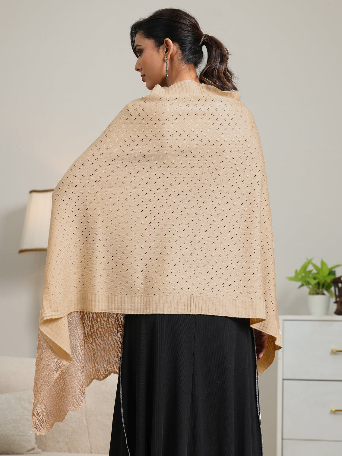 Mameraa Beige Acrylic Wrap Shawl with Lace Border