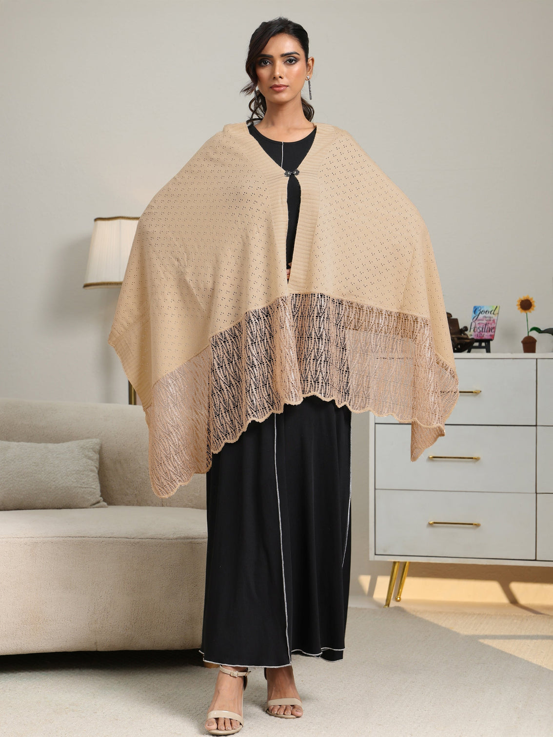 Mameraa Beige Acrylic Wrap Shawl with Lace Border
