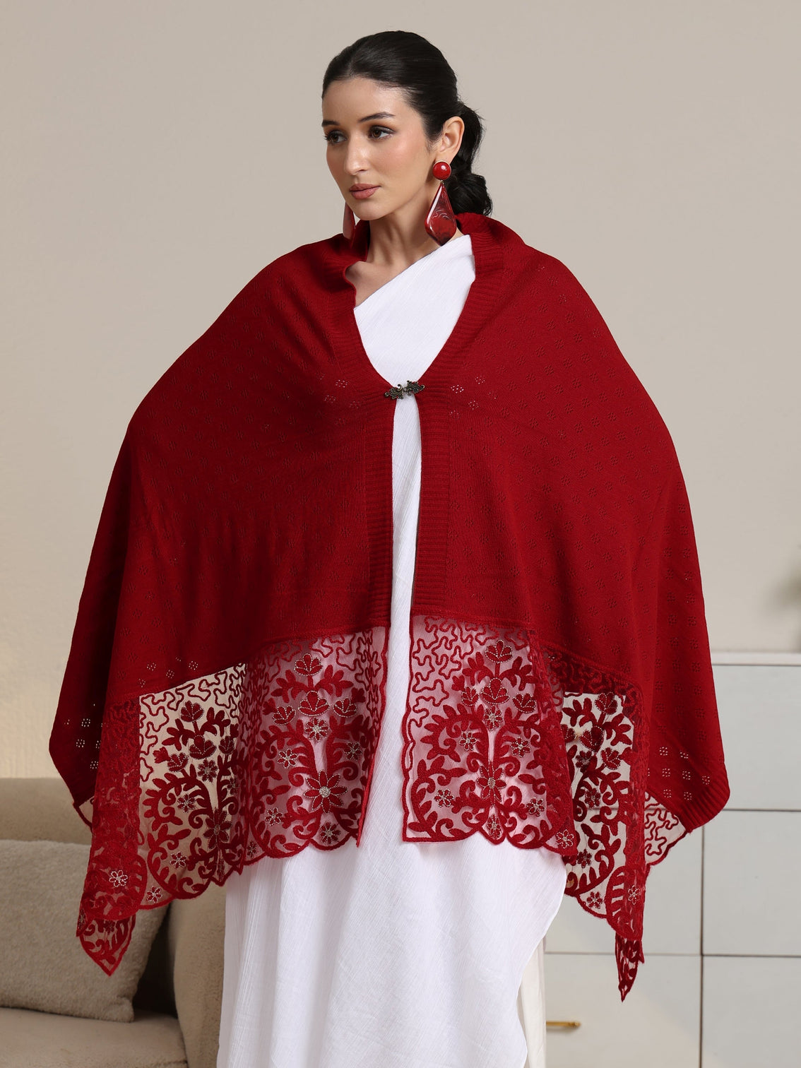 Mameraa Red  Knitted Lace Acrylic Wrap Shawl