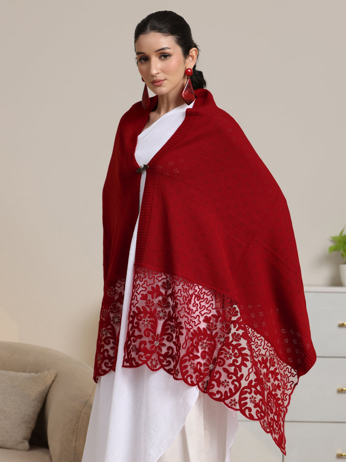 Mameraa Red  Knitted Lace Acrylic Wrap Shawl