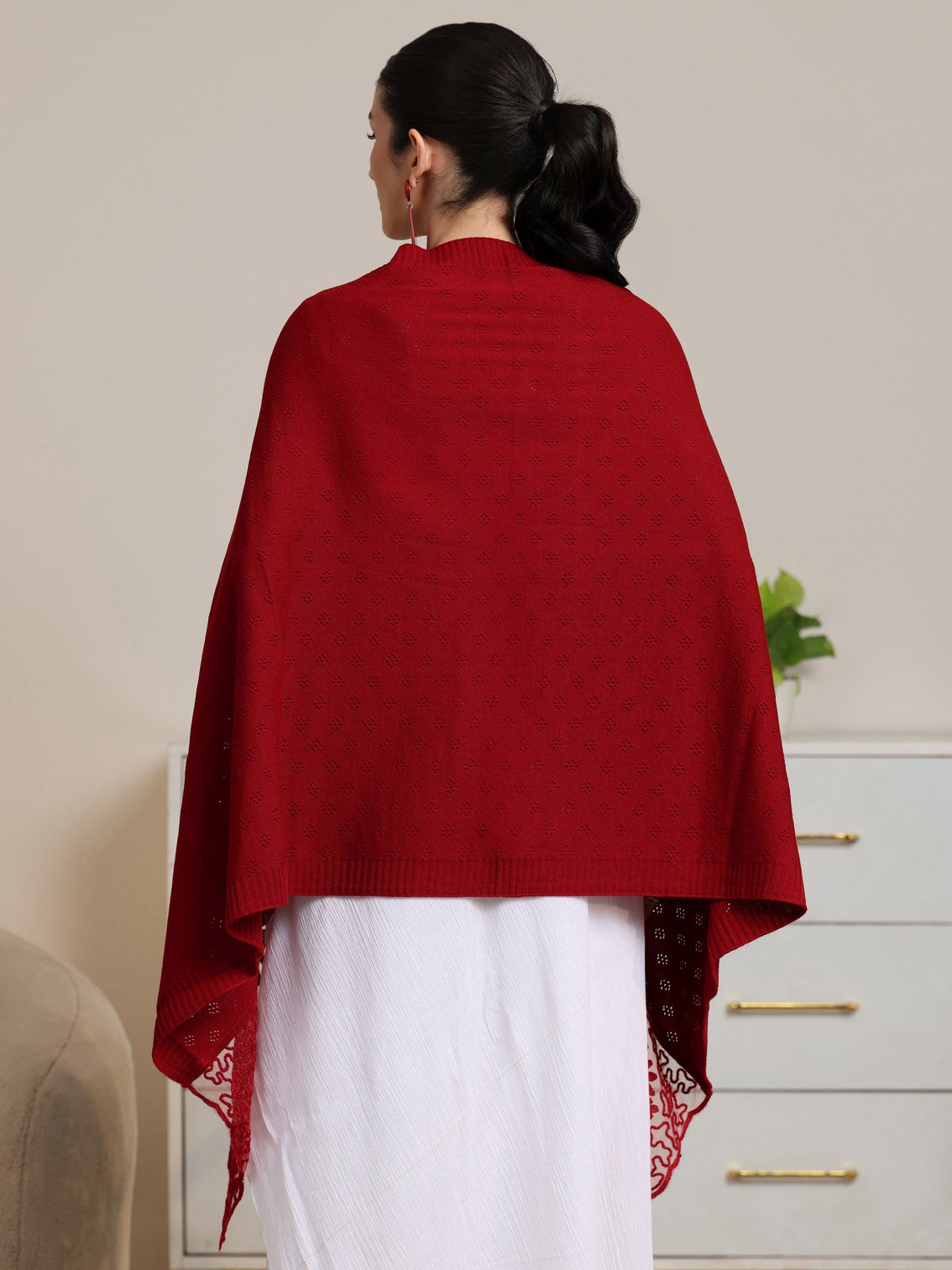 Mameraa Red  Knitted Lace Acrylic Wrap Shawl
