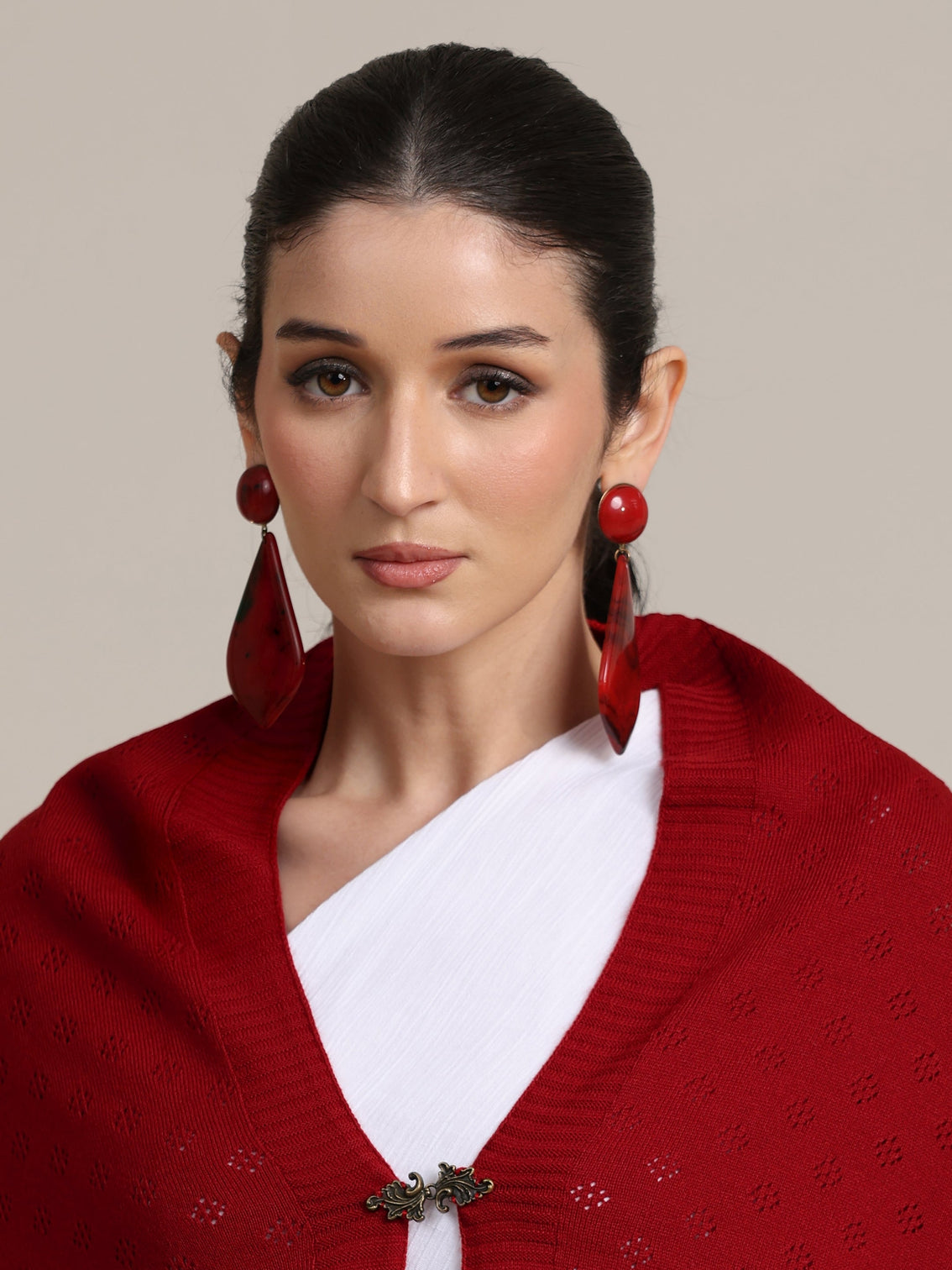 Mameraa Red  Knitted Lace Acrylic Wrap Shawl