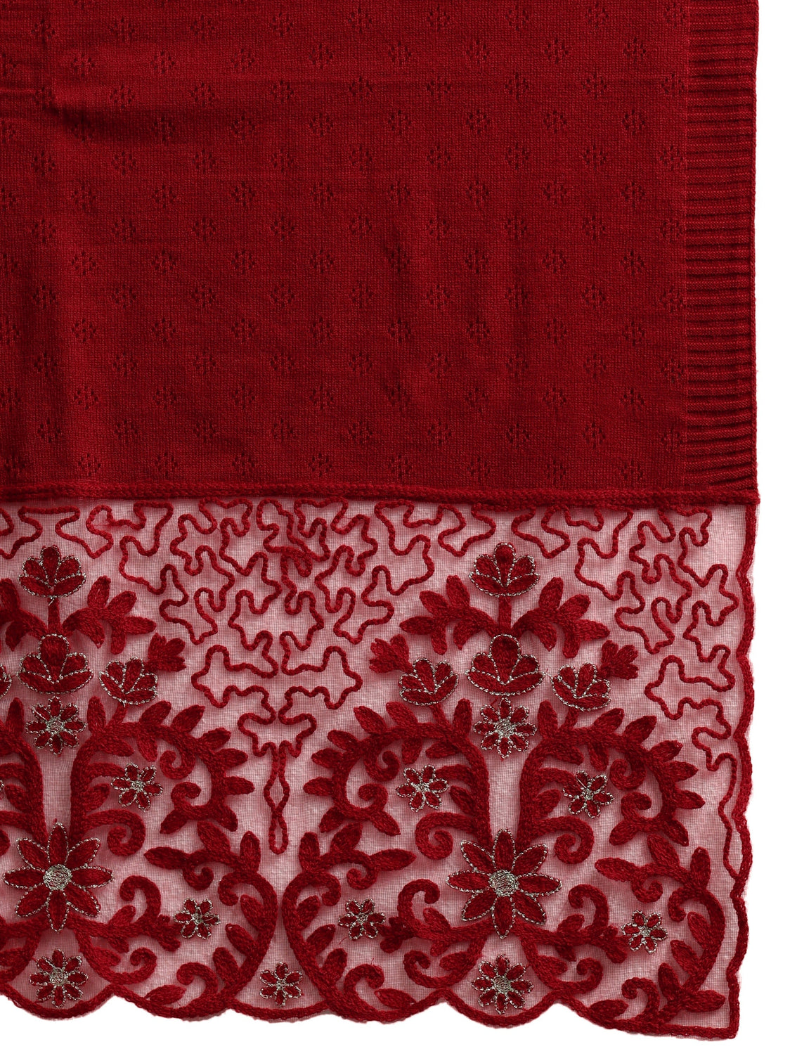 Mameraa Red  Knitted Lace Acrylic Wrap Shawl