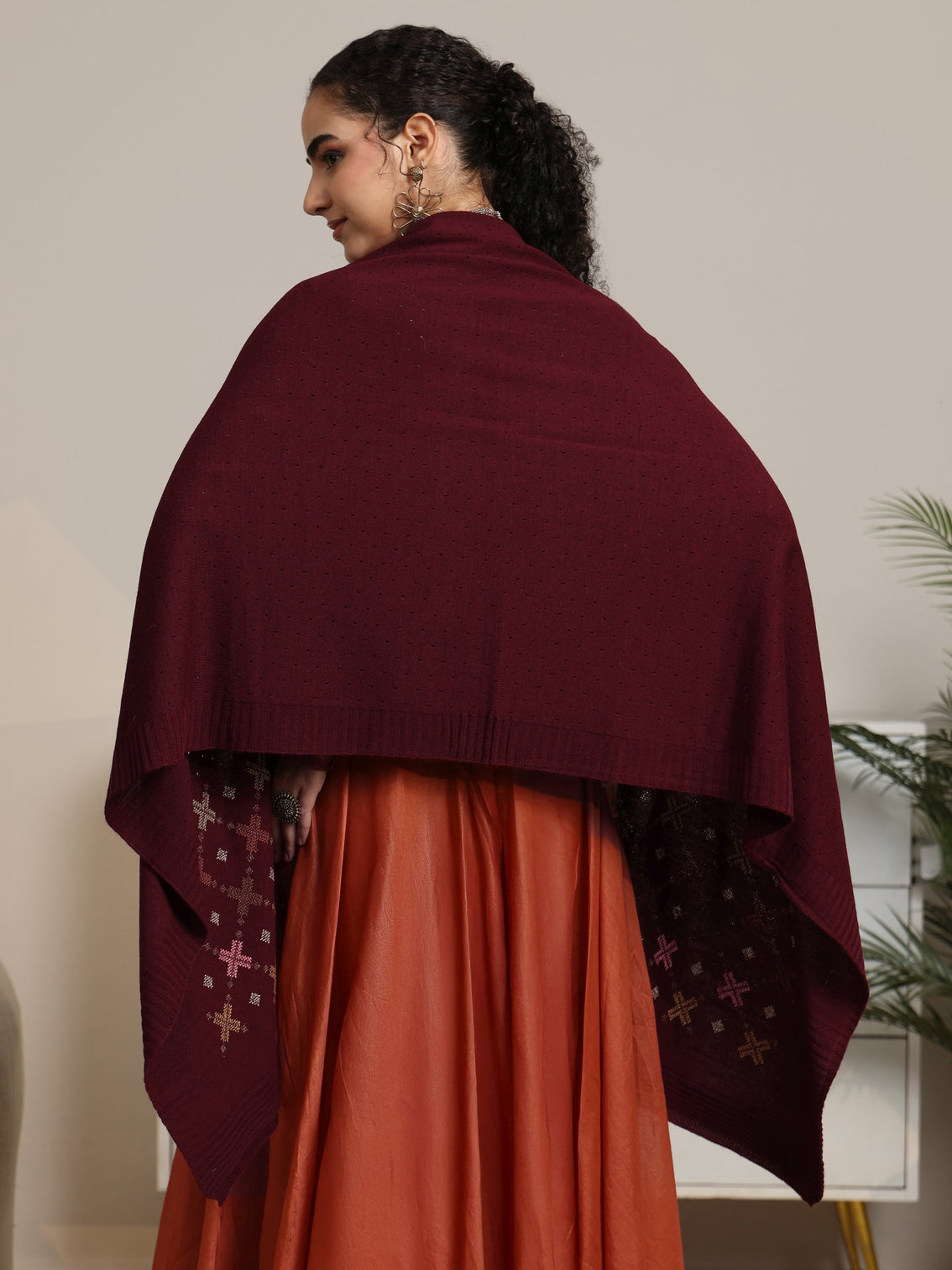 Mameraa Maroon Knitted Acrylic Wrap Shawl
