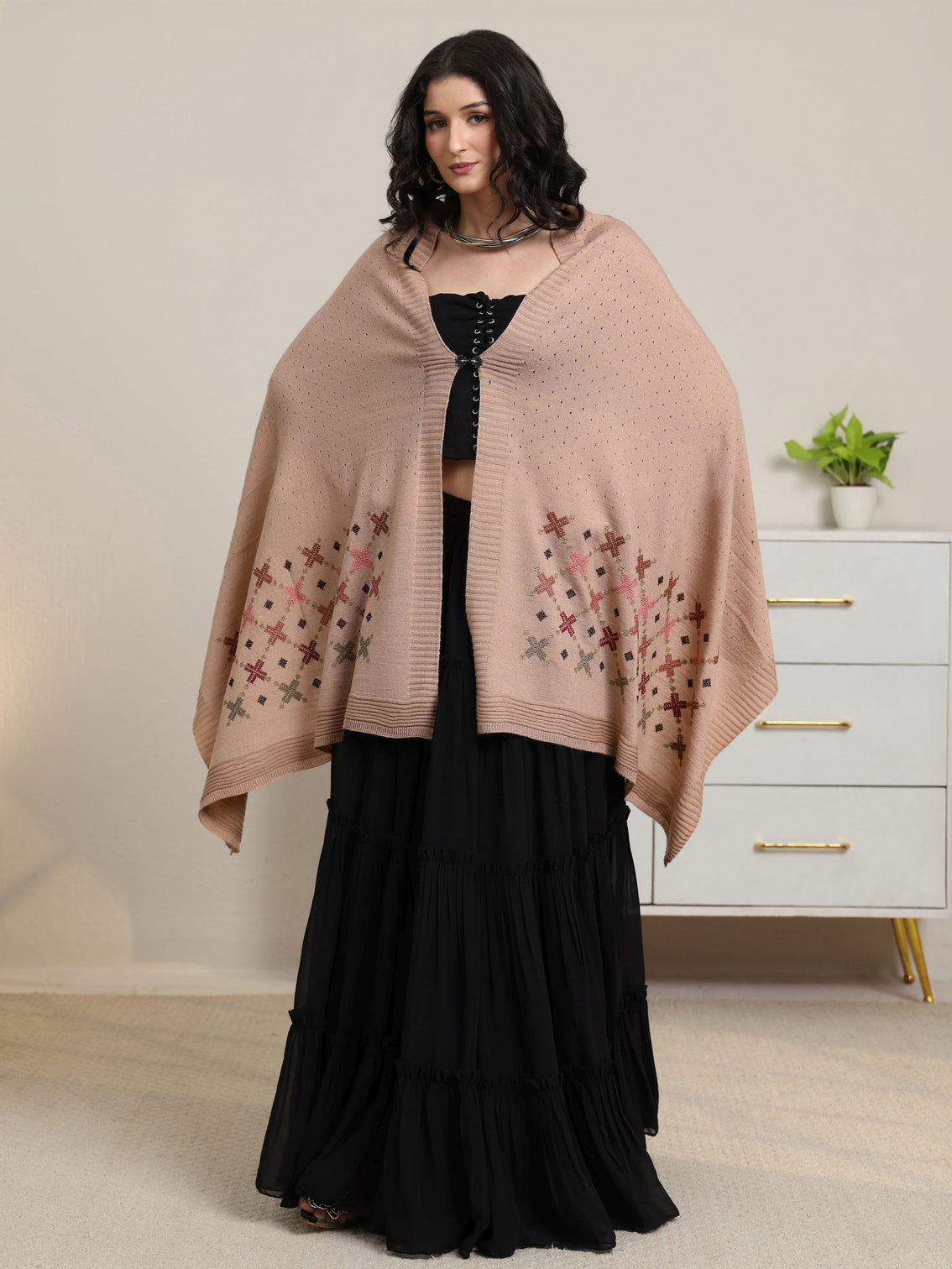 Mameraa Beige Knitted Acrylic Wrap Shawl