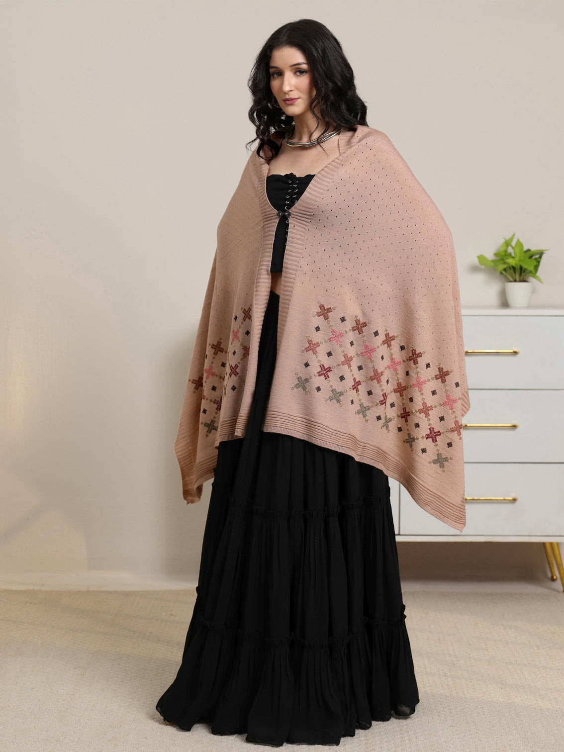 Mameraa Beige Knitted Acrylic Wrap Shawl