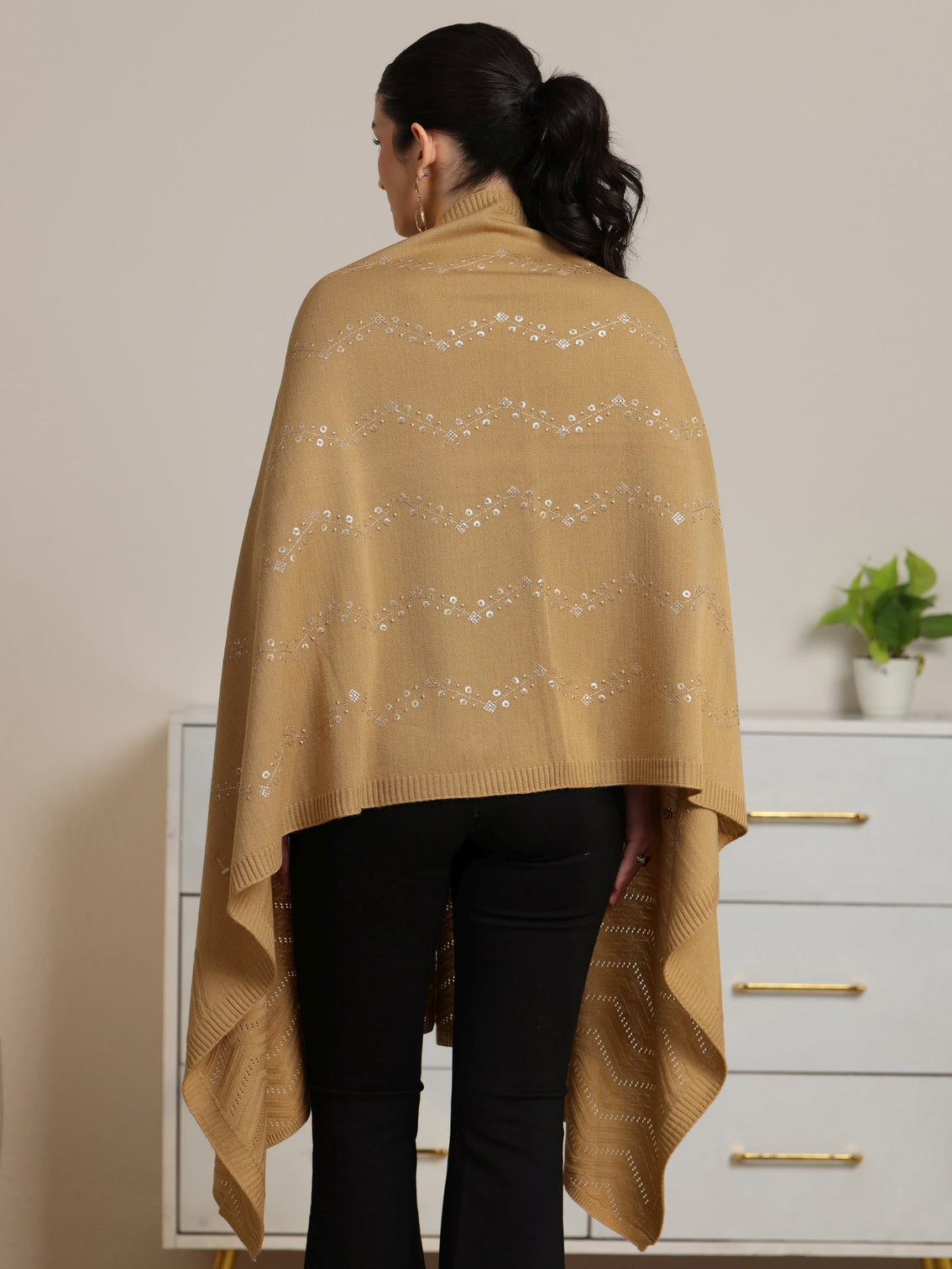 Mameraa Beige Foral Knitted Acrylic Wrap Shawl