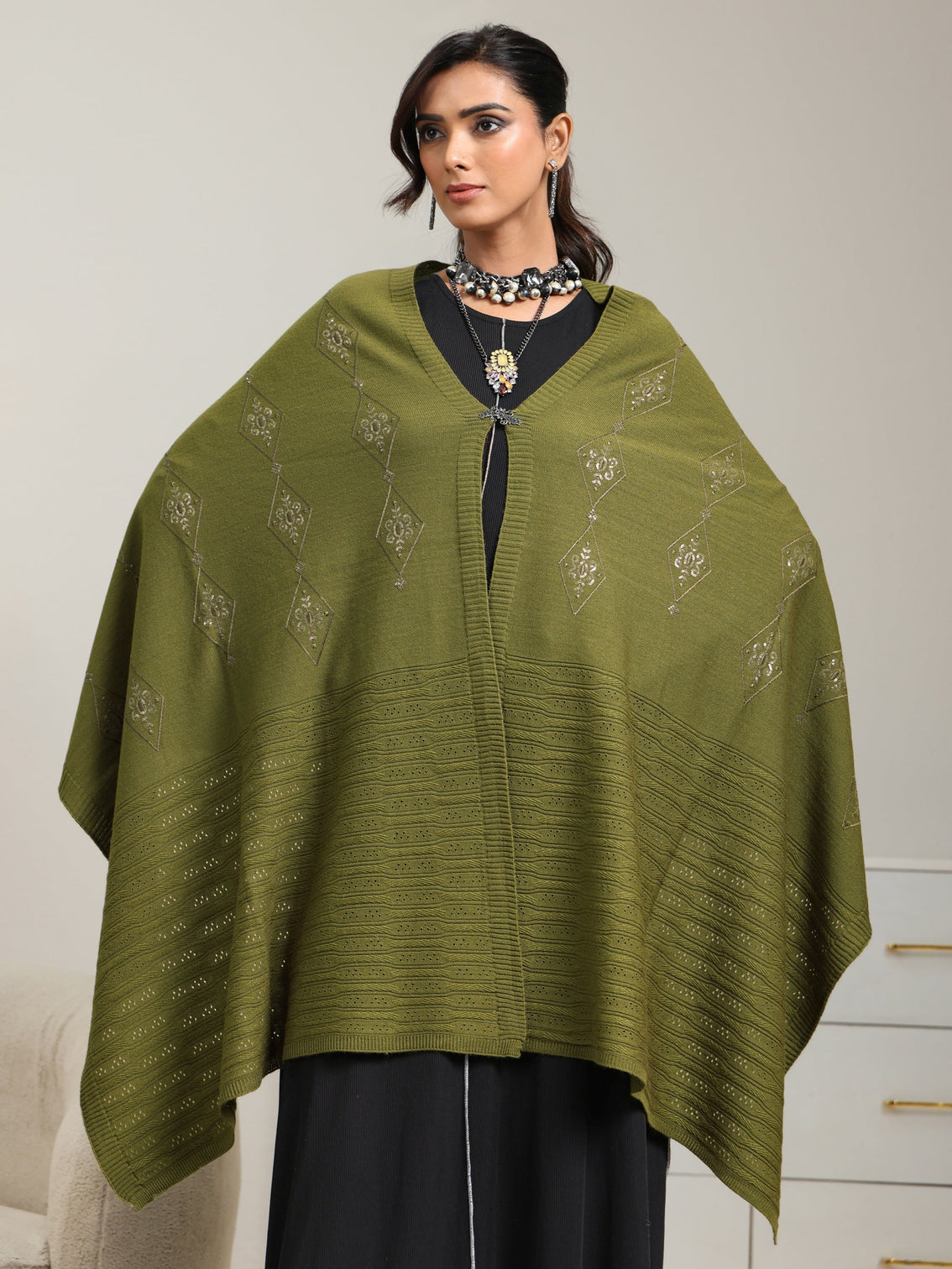 Mameraa Olive Green Knitted Acrylic Wrap Shawl