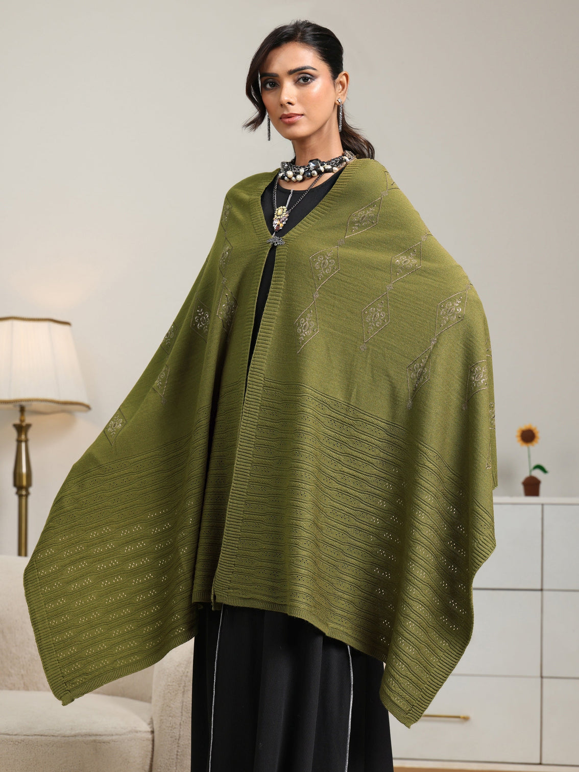 Mameraa Olive Green Knitted Acrylic Wrap Shawl