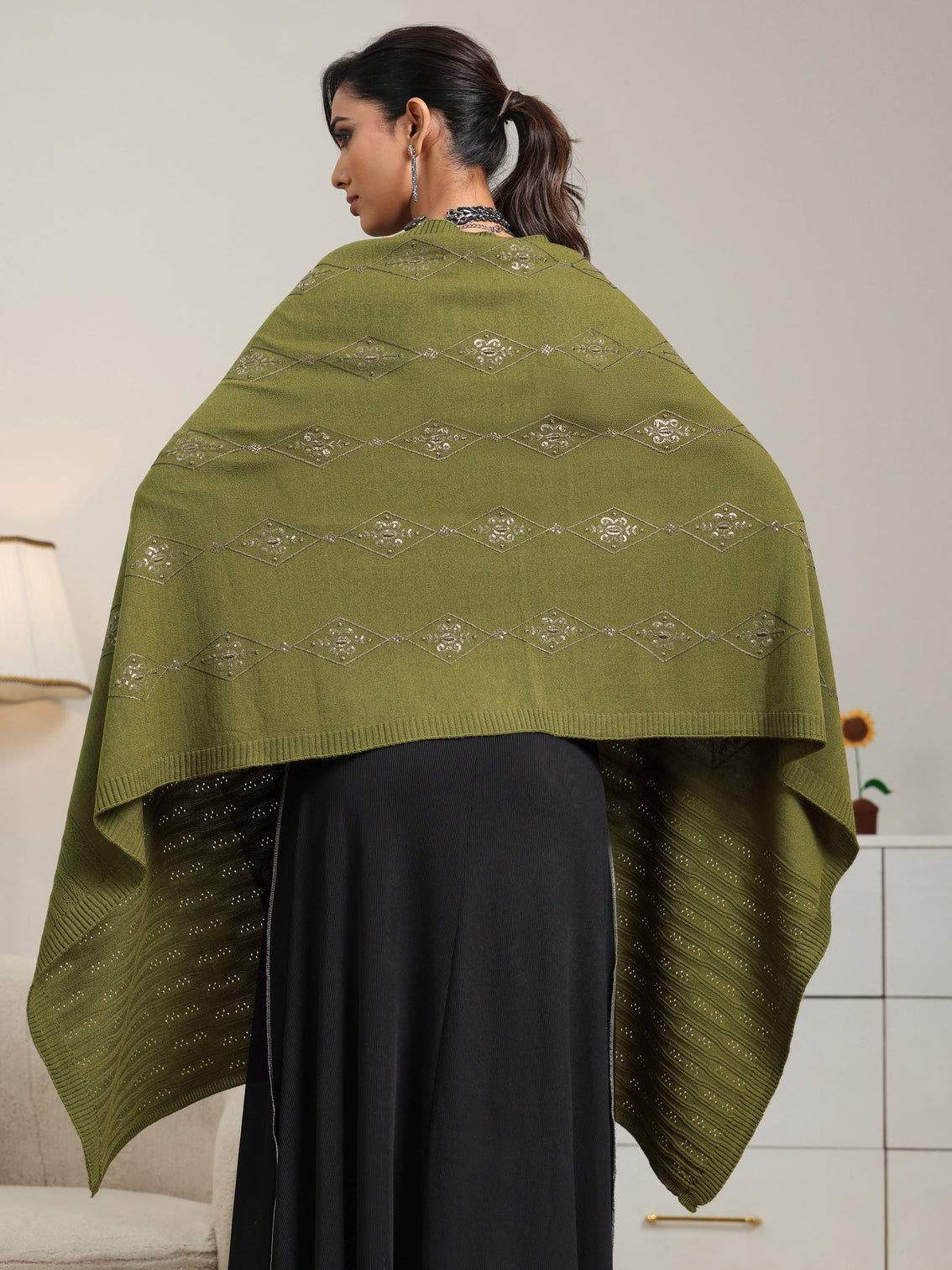 Mameraa Olive Green Knitted Acrylic Wrap Shawl