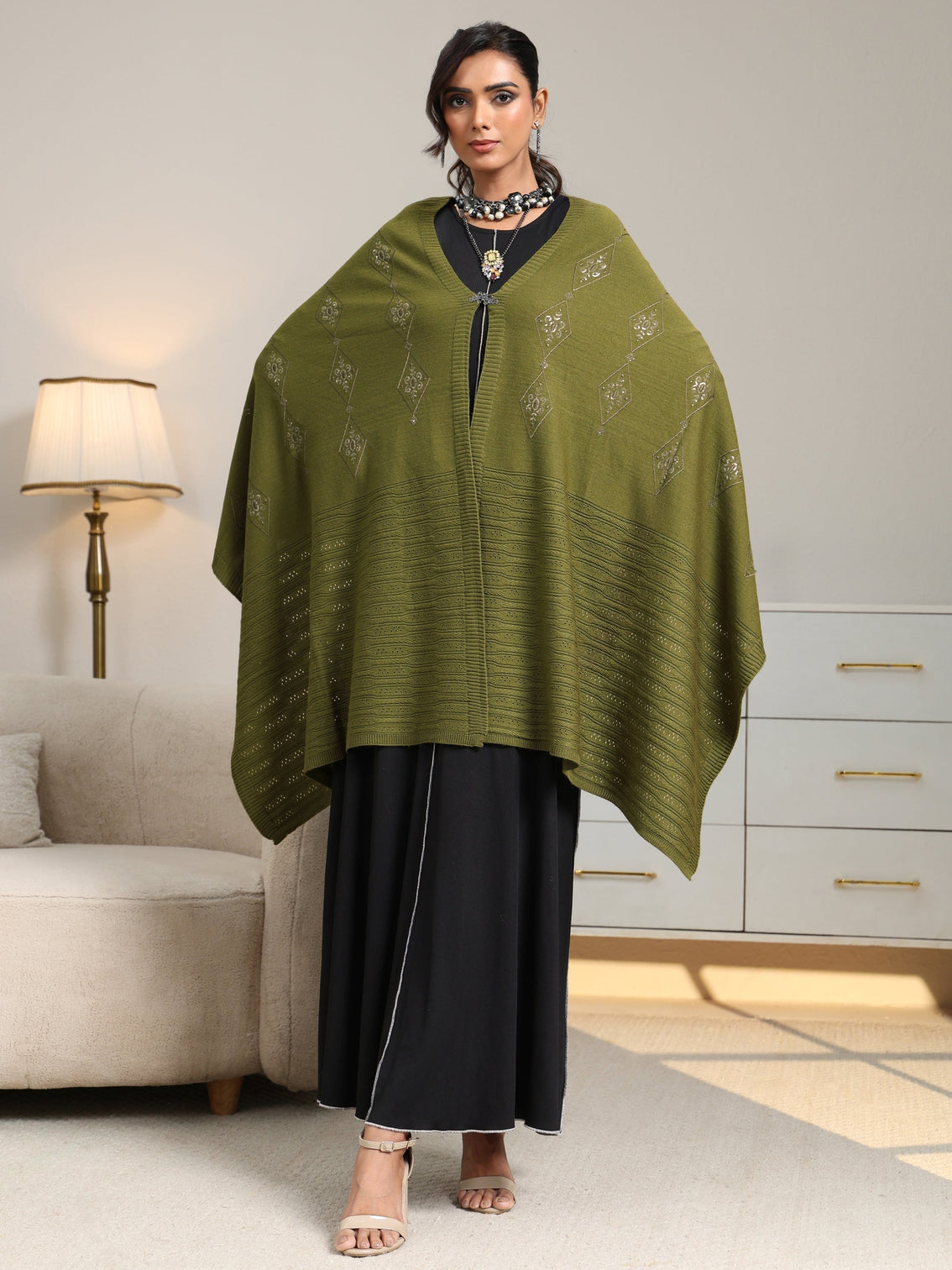 Mameraa Olive Green Knitted Acrylic Wrap Shawl