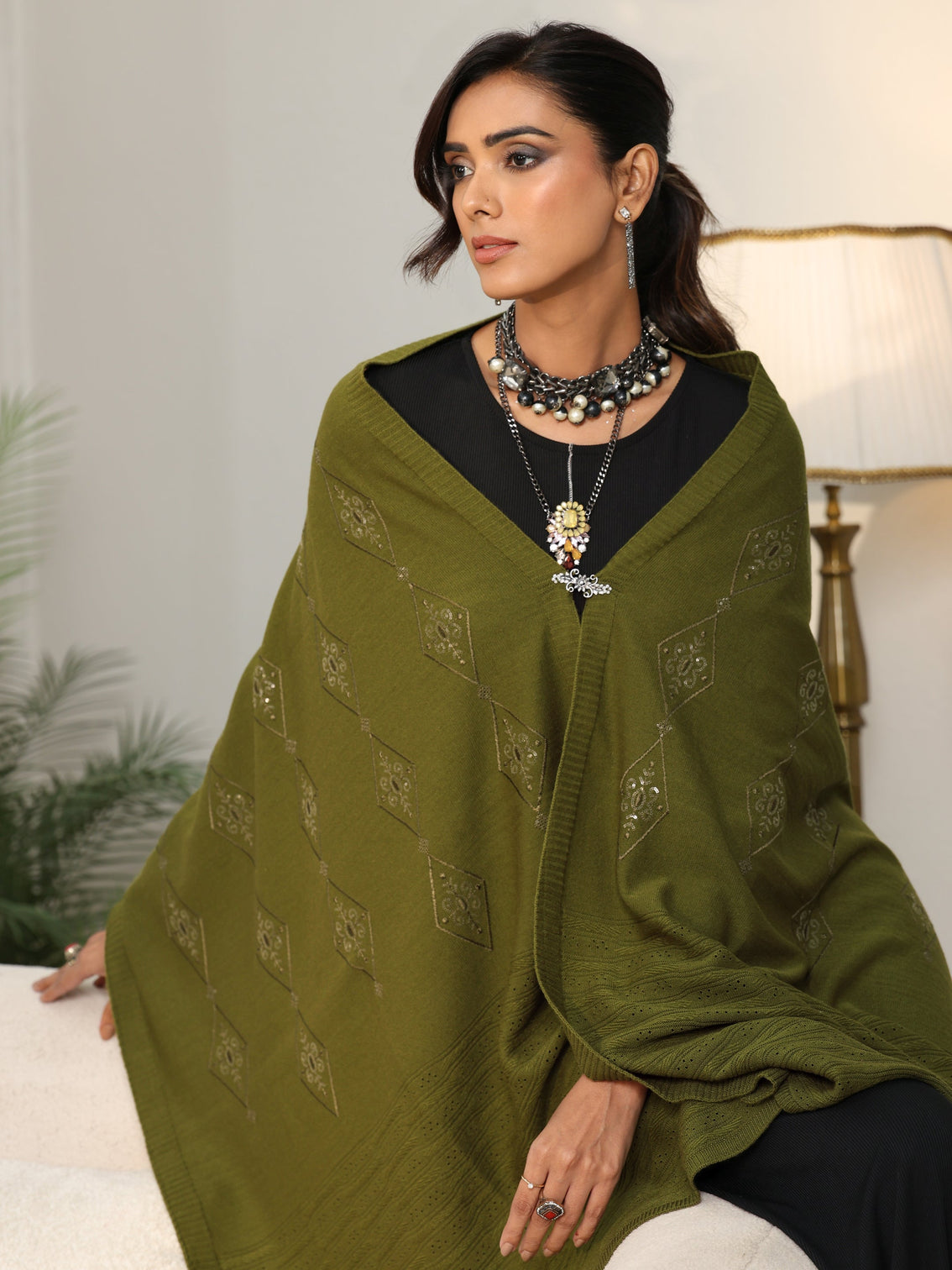 Mameraa Olive Green Knitted Acrylic Wrap Shawl