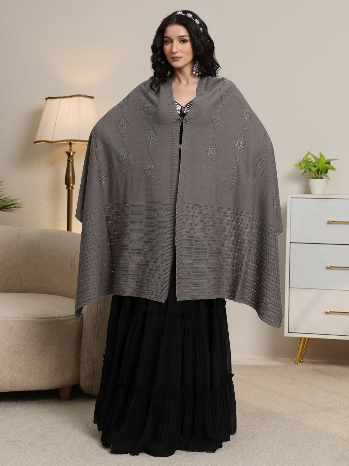 Mameraa Grey Ethnic Knitted Acrylic Wrap Shawl