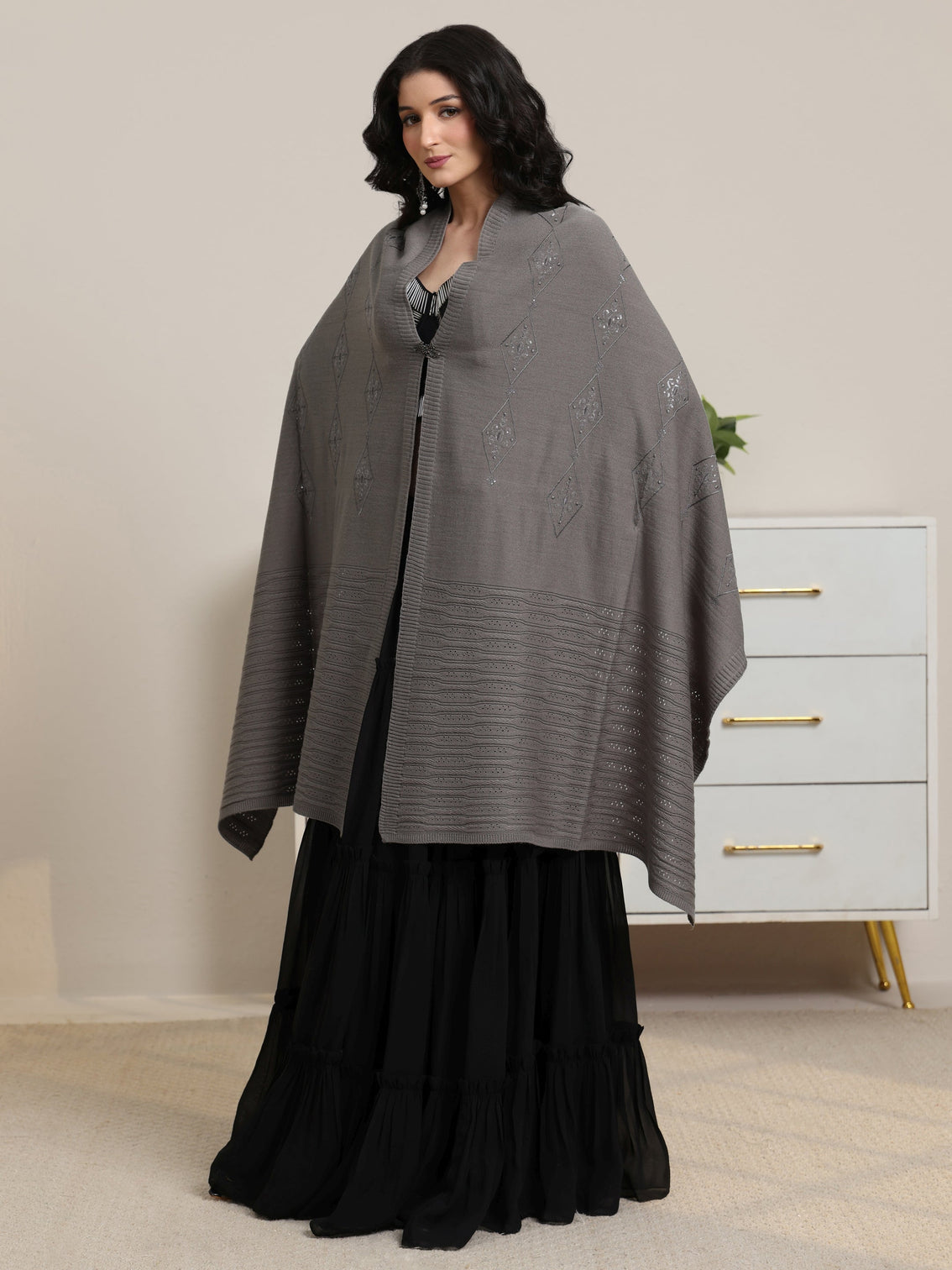 Mameraa Grey Ethnic Knitted Acrylic Wrap Shawl