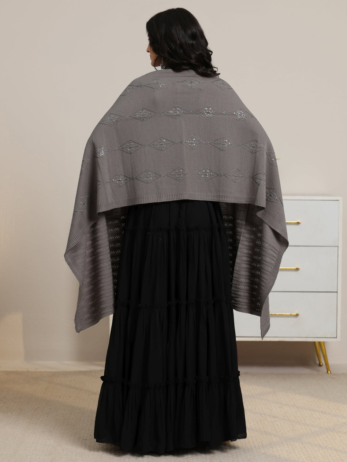 Mameraa Grey Ethnic Knitted Acrylic Wrap Shawl