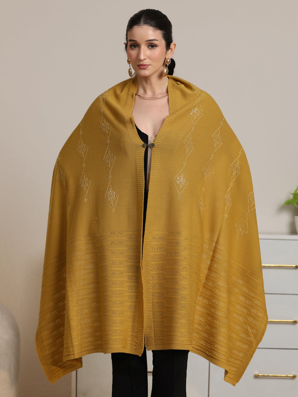 Mameraa Mustard Ethnic Knitted Acrylic Wrap Shawl