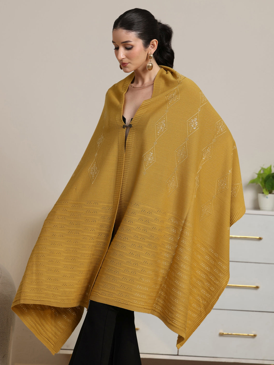 Mameraa Mustard Ethnic Knitted Acrylic Wrap Shawl