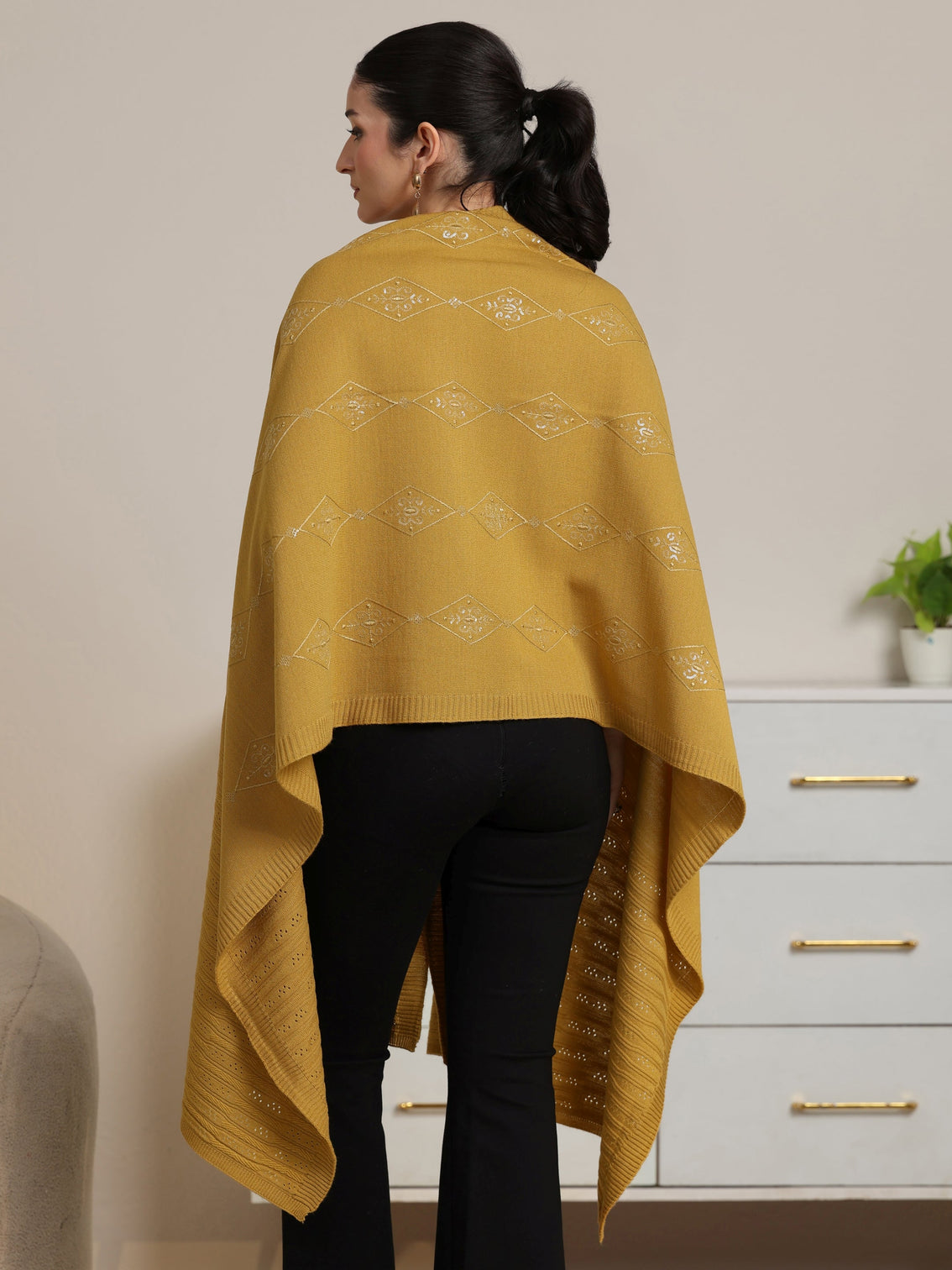 Mameraa Mustard Ethnic Knitted Acrylic Wrap Shawl