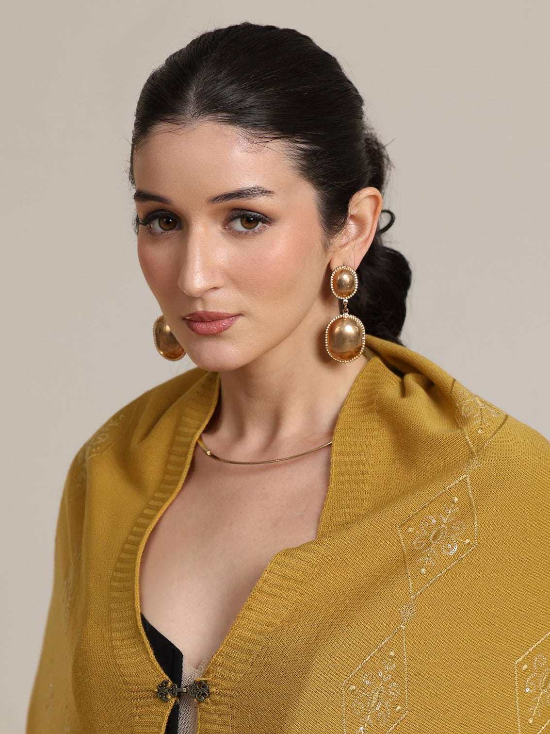 Mameraa Mustard Ethnic Knitted Acrylic Wrap Shawl