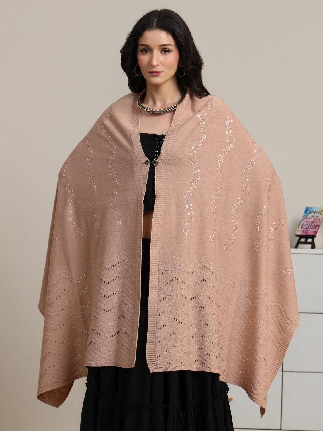 Mameraa Pink Floral Knitted Acrylic Wrap Shawl