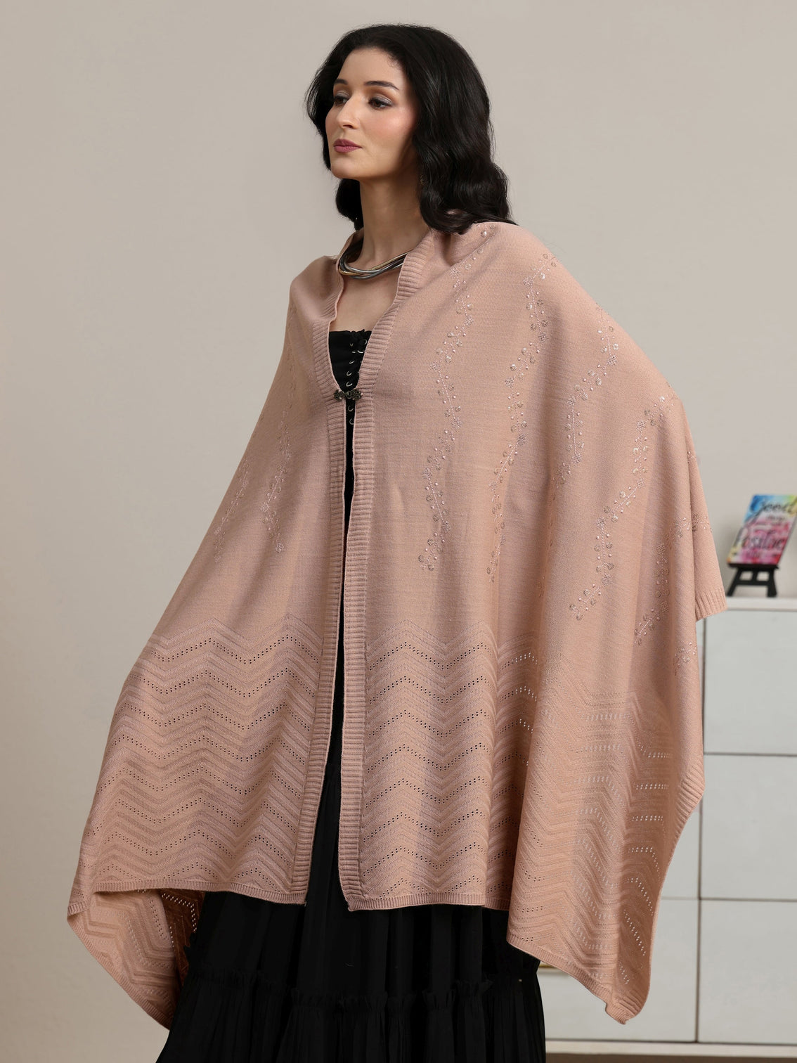 Mameraa Pink Floral Knitted Acrylic Wrap Shawl