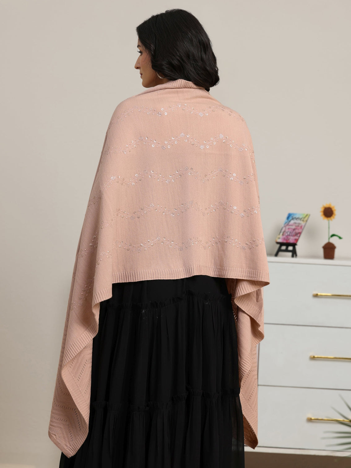 Mameraa Pink Floral Knitted Acrylic Wrap Shawl