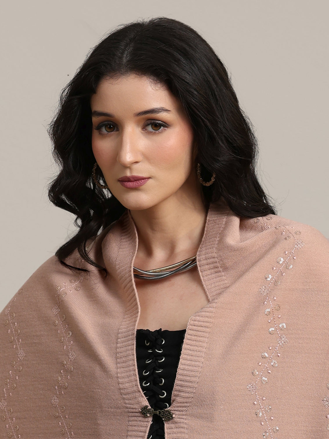 Mameraa Pink Floral Knitted Acrylic Wrap Shawl