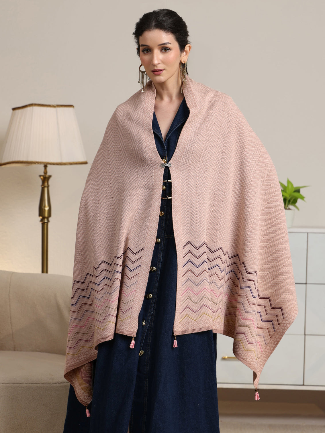 Mameraa Pink Chevron Knitted Acrylic Wrap Shawl