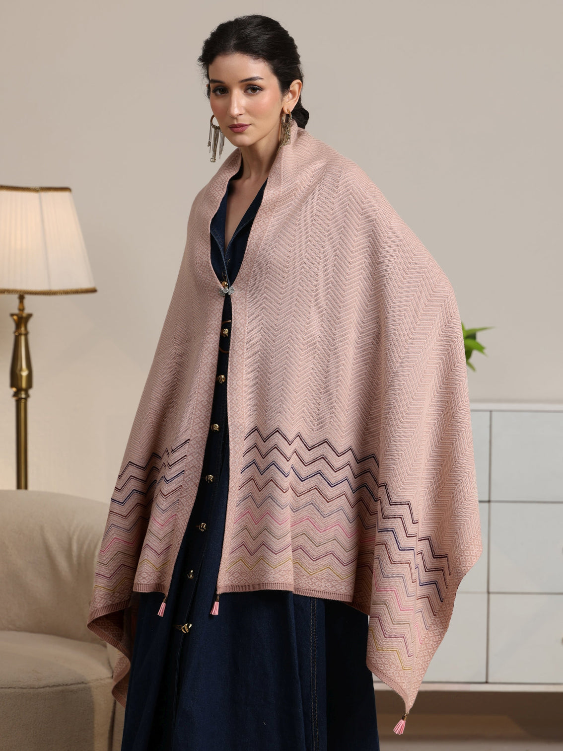 Mameraa Pink Chevron Knitted Acrylic Wrap Shawl