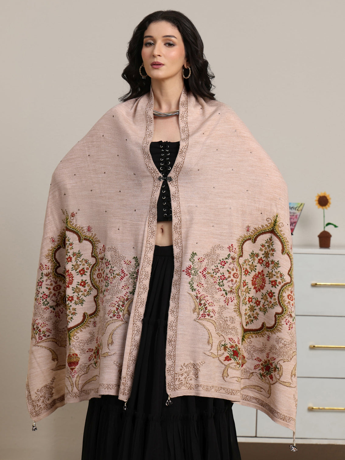 Mameraa Beige Floral Knitted Acrylic Wrap Shawl