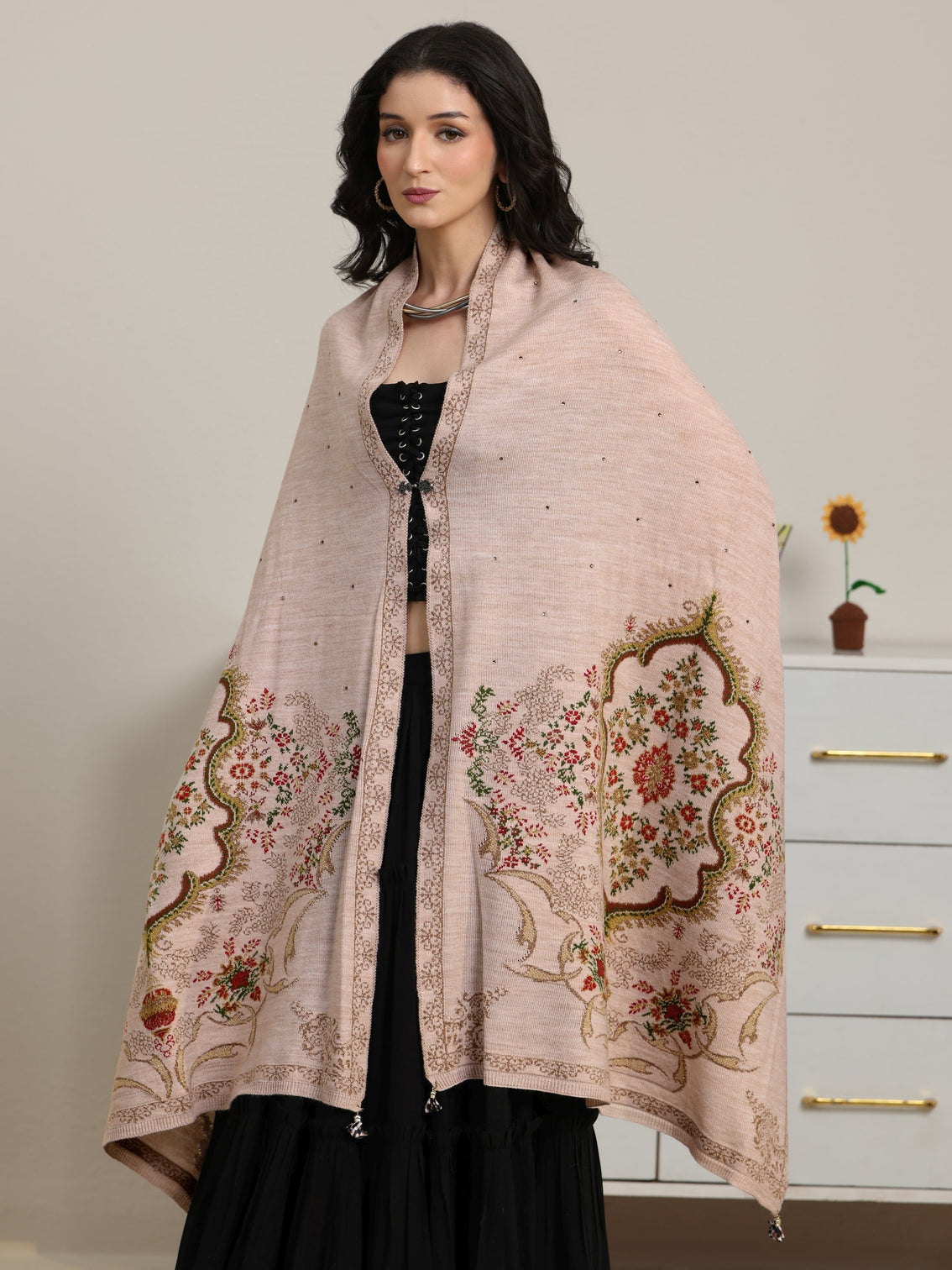Mameraa Beige Floral Knitted Acrylic Wrap Shawl